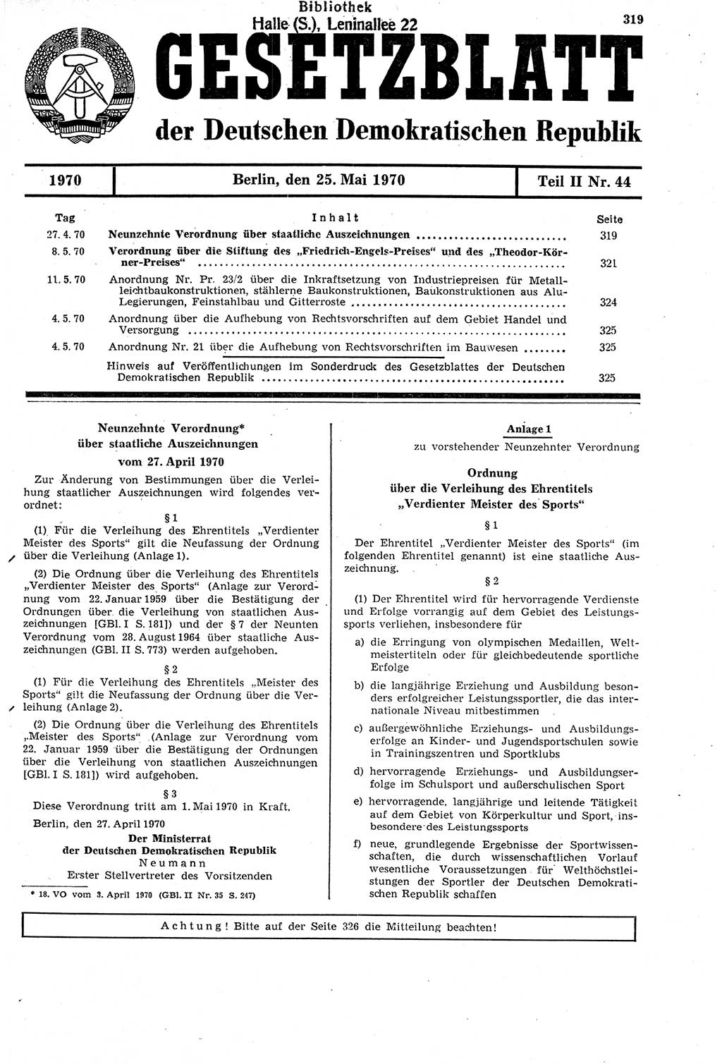 Gesetzblatt (GBl.) der Deutschen Demokratischen Republik (DDR) Teil ⅠⅠ 1970, Seite 319 (GBl. DDR ⅠⅠ 1970, S. 319)