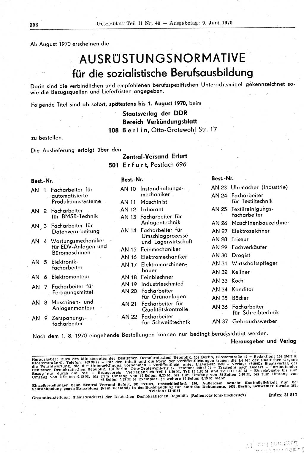 Gesetzblatt (GBl.) der Deutschen Demokratischen Republik (DDR) Teil ⅠⅠ 1970, Seite 358 (GBl. DDR ⅠⅠ 1970, S. 358)