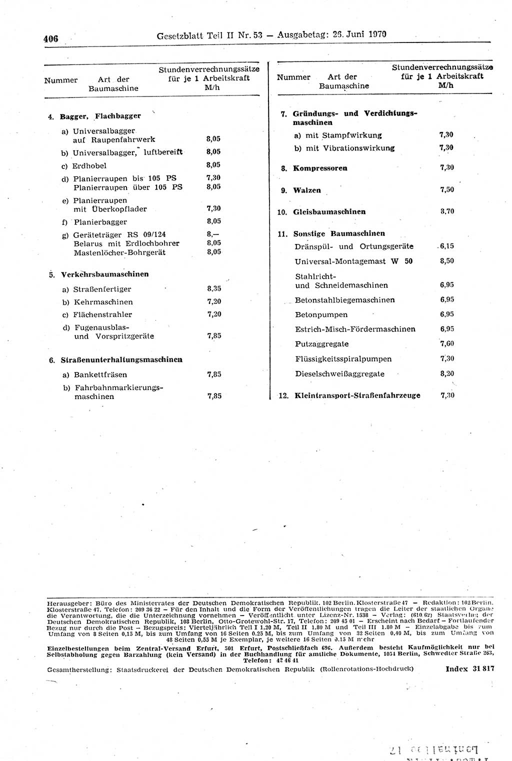Gesetzblatt (GBl.) der Deutschen Demokratischen Republik (DDR) Teil ⅠⅠ 1970, Seite 406 (GBl. DDR ⅠⅠ 1970, S. 406)
