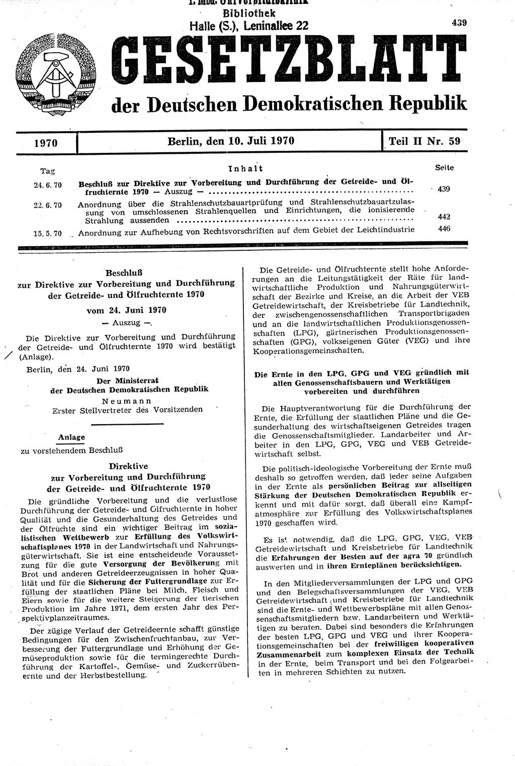 Gesetzblatt (GBl.) der Deutschen Demokratischen Republik (DDR) Teil ⅠⅠ 1970, Seite 439 (GBl. DDR ⅠⅠ 1970, S. 439)