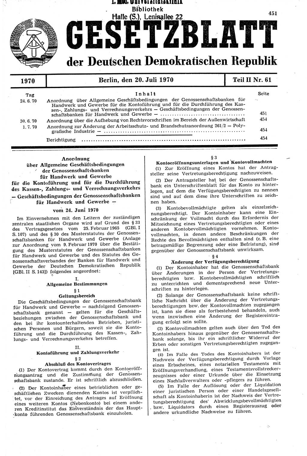 Gesetzblatt (GBl.) der Deutschen Demokratischen Republik (DDR) Teil ⅠⅠ 1970, Seite 451 (GBl. DDR ⅠⅠ 1970, S. 451)