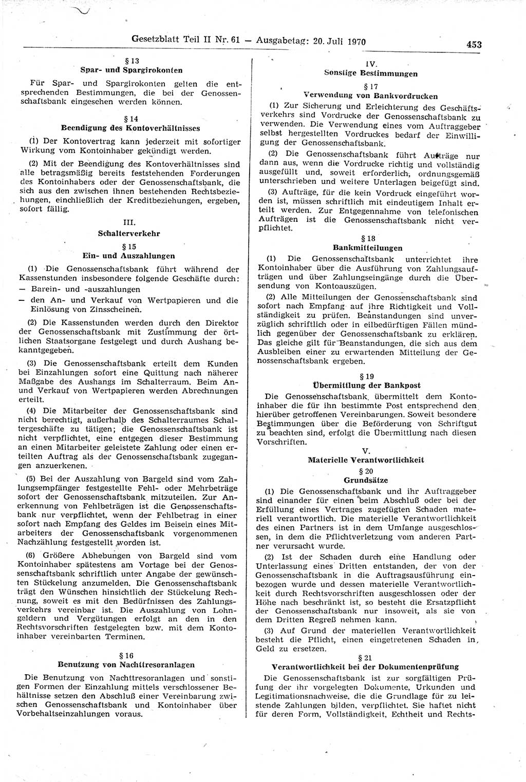 Gesetzblatt (GBl.) der Deutschen Demokratischen Republik (DDR) Teil ⅠⅠ 1970, Seite 453 (GBl. DDR ⅠⅠ 1970, S. 453)