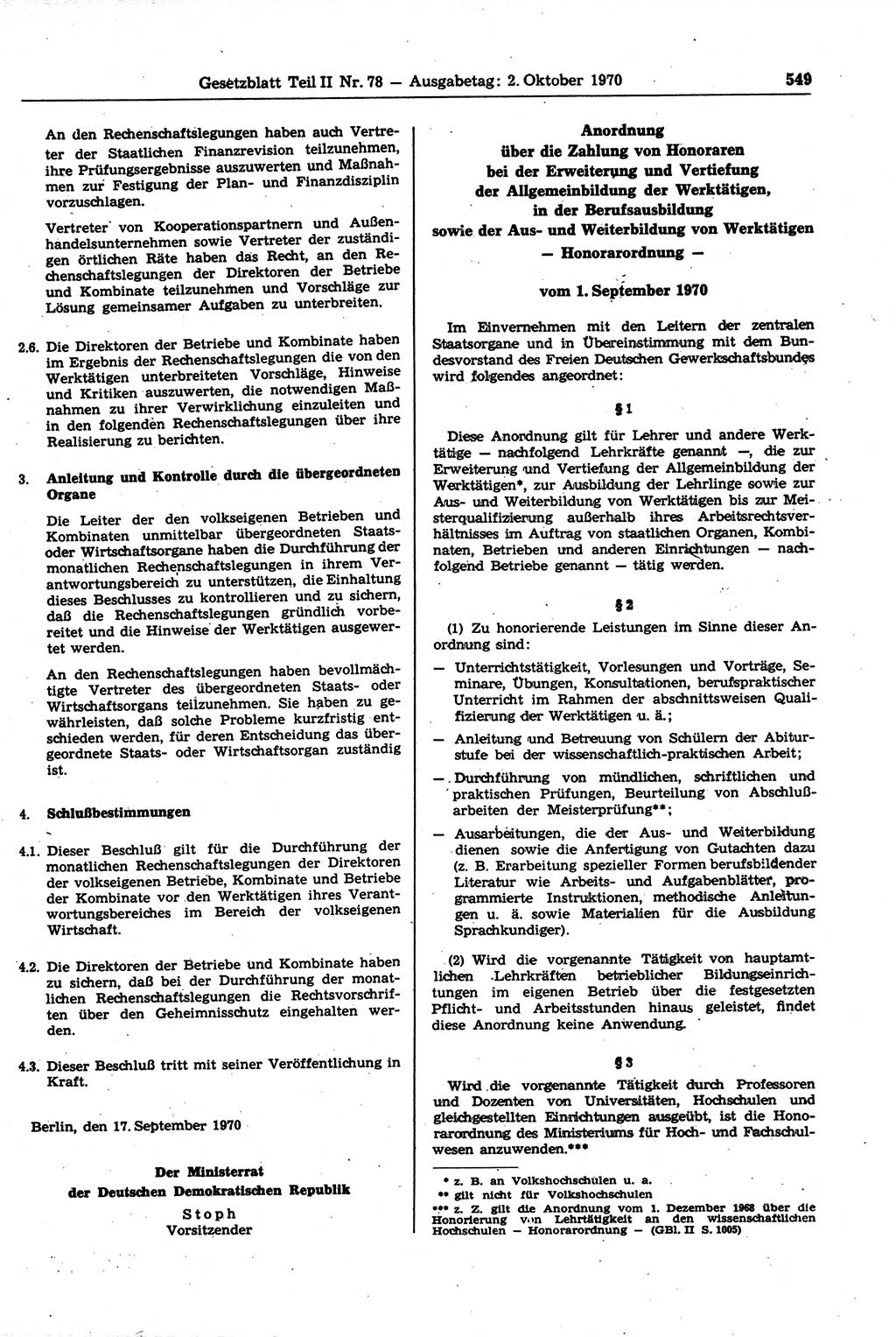 Gesetzblatt (GBl.) der Deutschen Demokratischen Republik (DDR) Teil ⅠⅠ 1970, Seite 549 (GBl. DDR ⅠⅠ 1970, S. 549)
