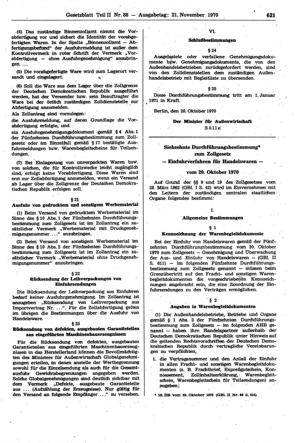 Gesetzblatt (GBl.) der Deutschen Demokratischen Republik (DDR) Teil ⅠⅠ 1970, Seite 621 (GBl. DDR ⅠⅠ 1970, S. 621)