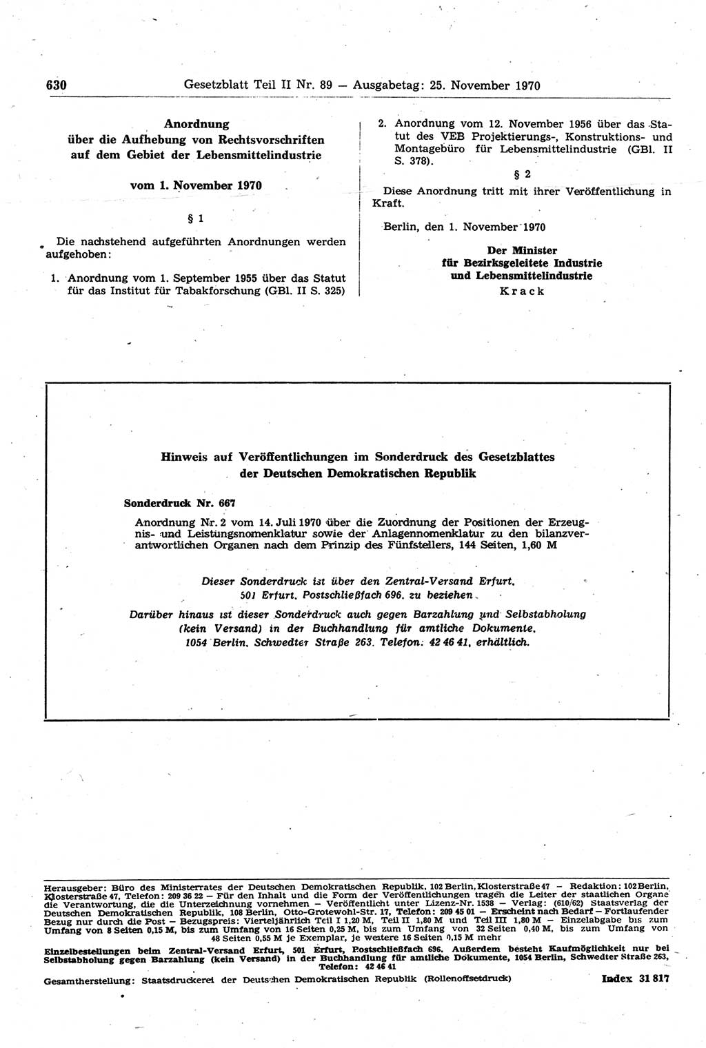 Gesetzblatt (GBl.) der Deutschen Demokratischen Republik (DDR) Teil ⅠⅠ 1970, Seite 630 (GBl. DDR ⅠⅠ 1970, S. 630)