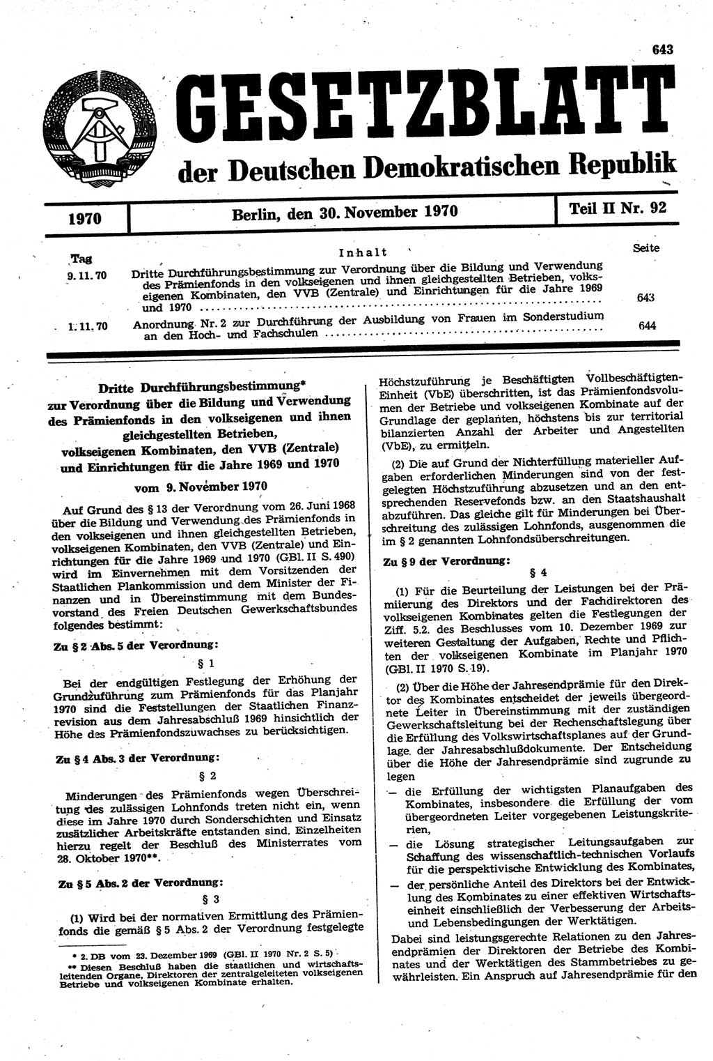 Gesetzblatt (GBl.) der Deutschen Demokratischen Republik (DDR) Teil ⅠⅠ 1970, Seite 643 (GBl. DDR ⅠⅠ 1970, S. 643)
