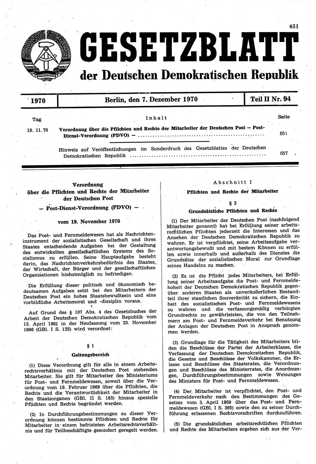 Gesetzblatt (GBl.) der Deutschen Demokratischen Republik (DDR) Teil ⅠⅠ 1970, Seite 651 (GBl. DDR ⅠⅠ 1970, S. 651)
