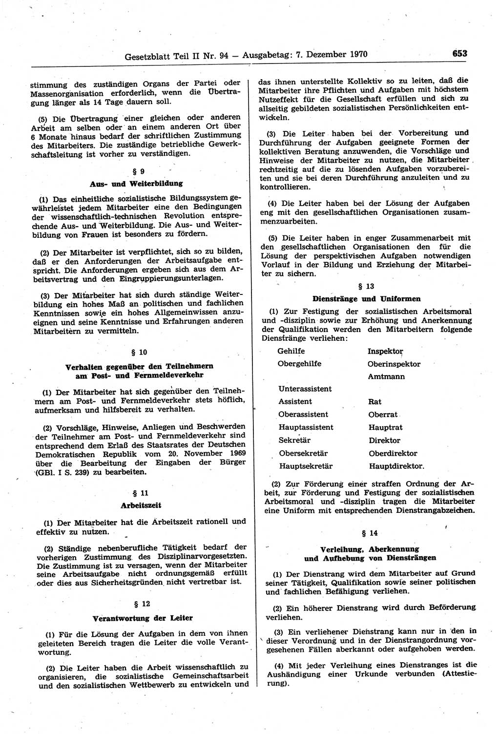 Gesetzblatt (GBl.) der Deutschen Demokratischen Republik (DDR) Teil ⅠⅠ 1970, Seite 653 (GBl. DDR ⅠⅠ 1970, S. 653)