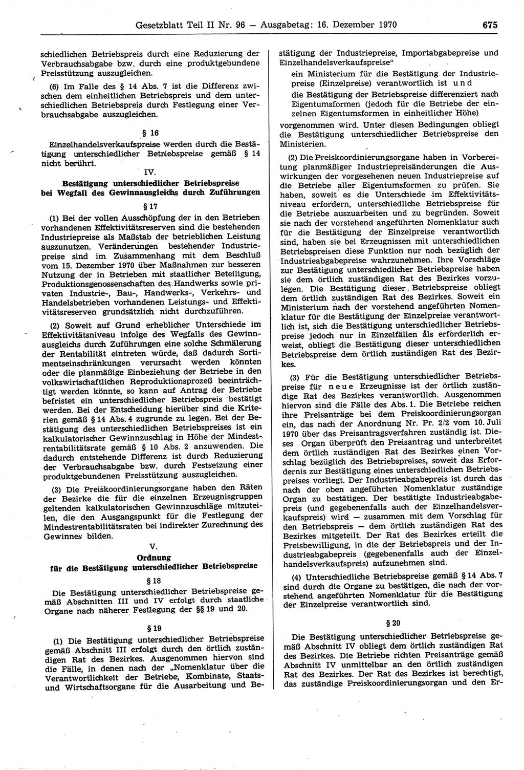 Gesetzblatt (GBl.) der Deutschen Demokratischen Republik (DDR) Teil ⅠⅠ 1970, Seite 675 (GBl. DDR ⅠⅠ 1970, S. 675)