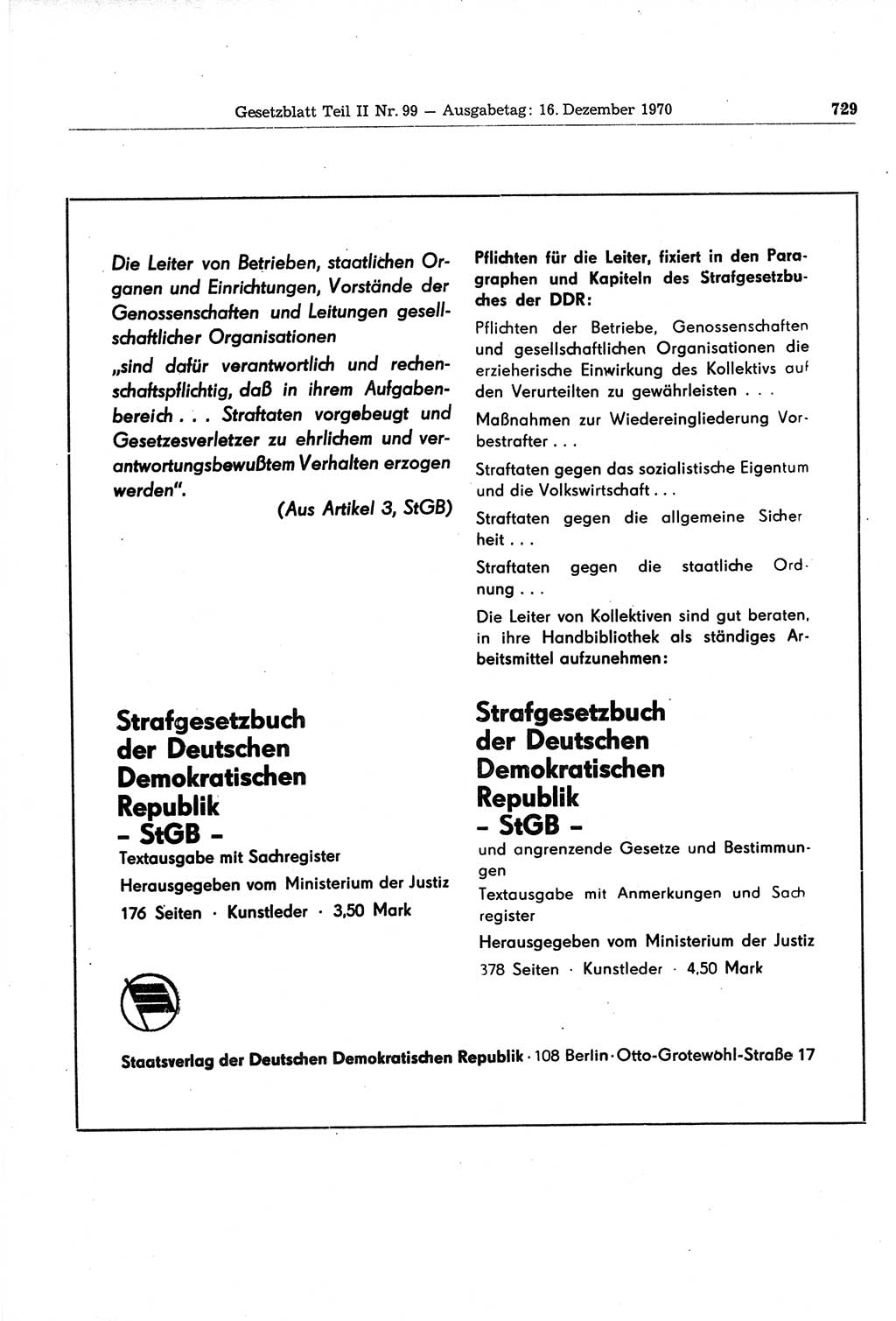 Gesetzblatt (GBl.) der Deutschen Demokratischen Republik (DDR) Teil ⅠⅠ 1970, Seite 729 (GBl. DDR ⅠⅠ 1970, S. 729)
