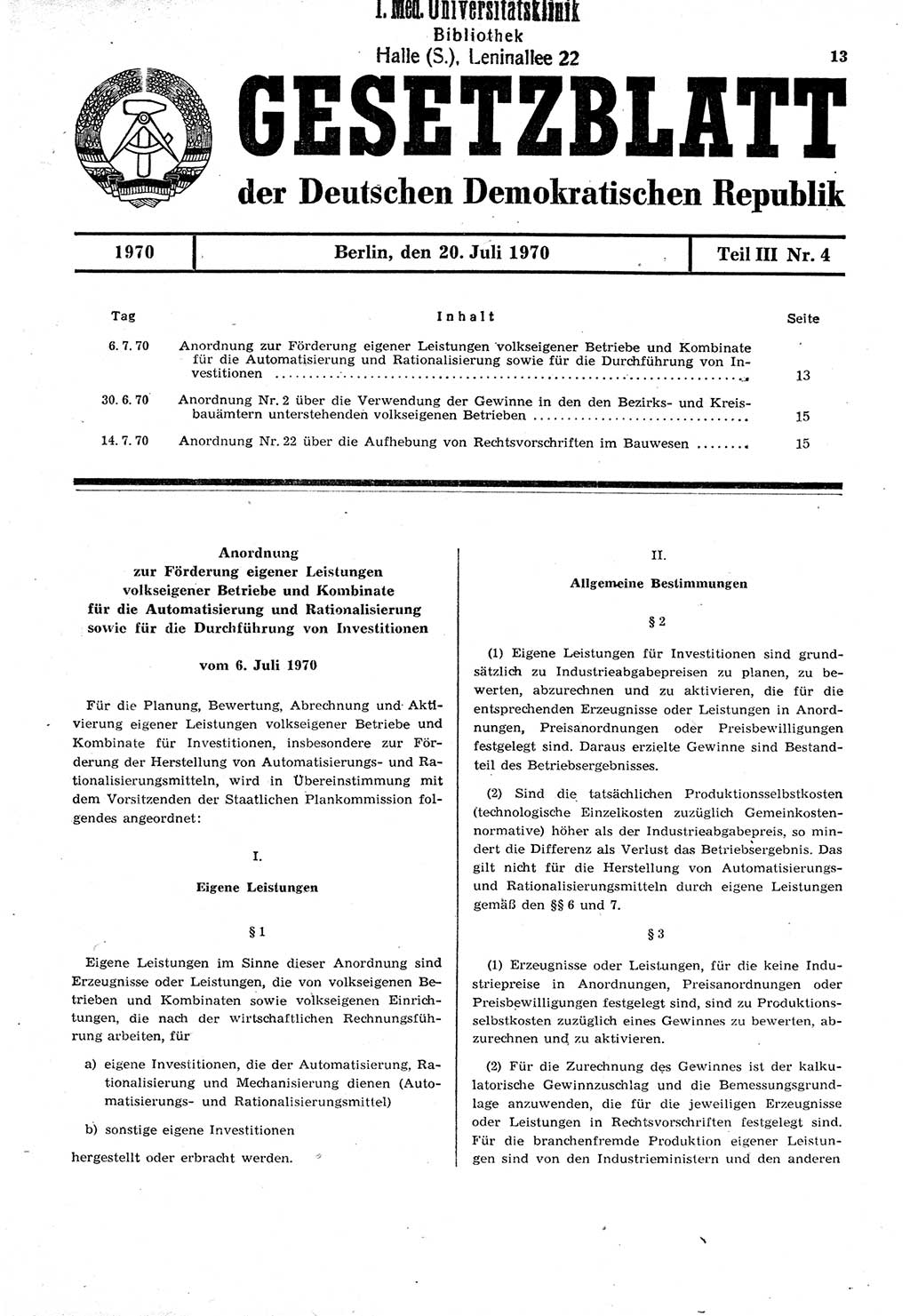 Gesetzblatt (GBl.) der Deutschen Demokratischen Republik (DDR) Teil ⅠⅠⅠ 1970, Seite 13 (GBl. DDR ⅠⅠⅠ 1970, S. 13)