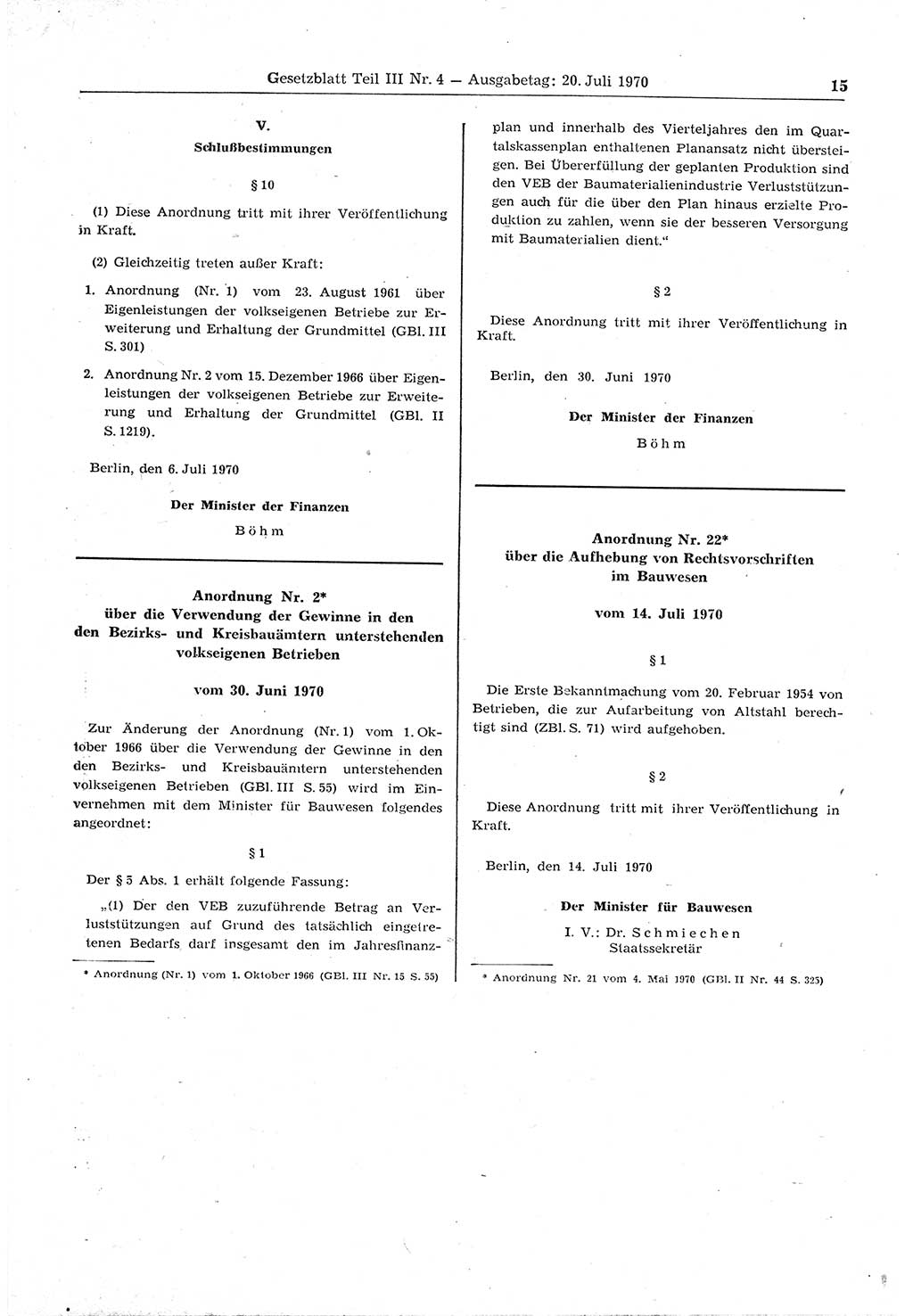Gesetzblatt (GBl.) der Deutschen Demokratischen Republik (DDR) Teil ⅠⅠⅠ 1970, Seite 15 (GBl. DDR ⅠⅠⅠ 1970, S. 15)