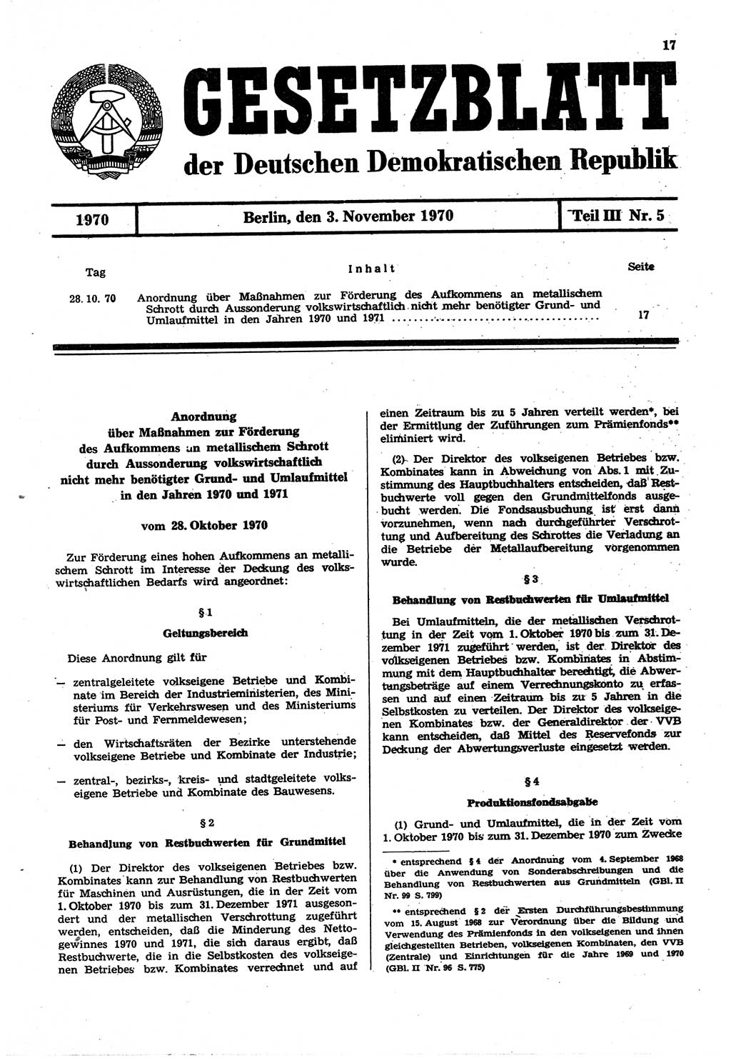 Gesetzblatt (GBl.) der Deutschen Demokratischen Republik (DDR) Teil ⅠⅠⅠ 1970, Seite 17 (GBl. DDR ⅠⅠⅠ 1970, S. 17)