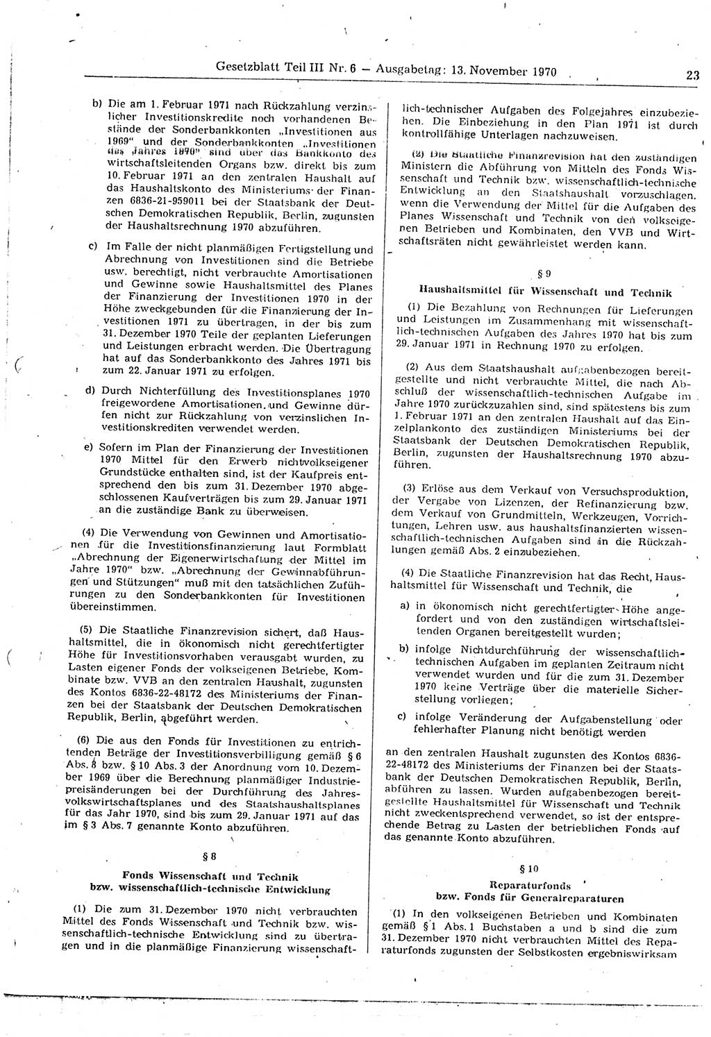 Gesetzblatt (GBl.) der Deutschen Demokratischen Republik (DDR) Teil ⅠⅠⅠ 1970, Seite 23 (GBl. DDR ⅠⅠⅠ 1970, S. 23)