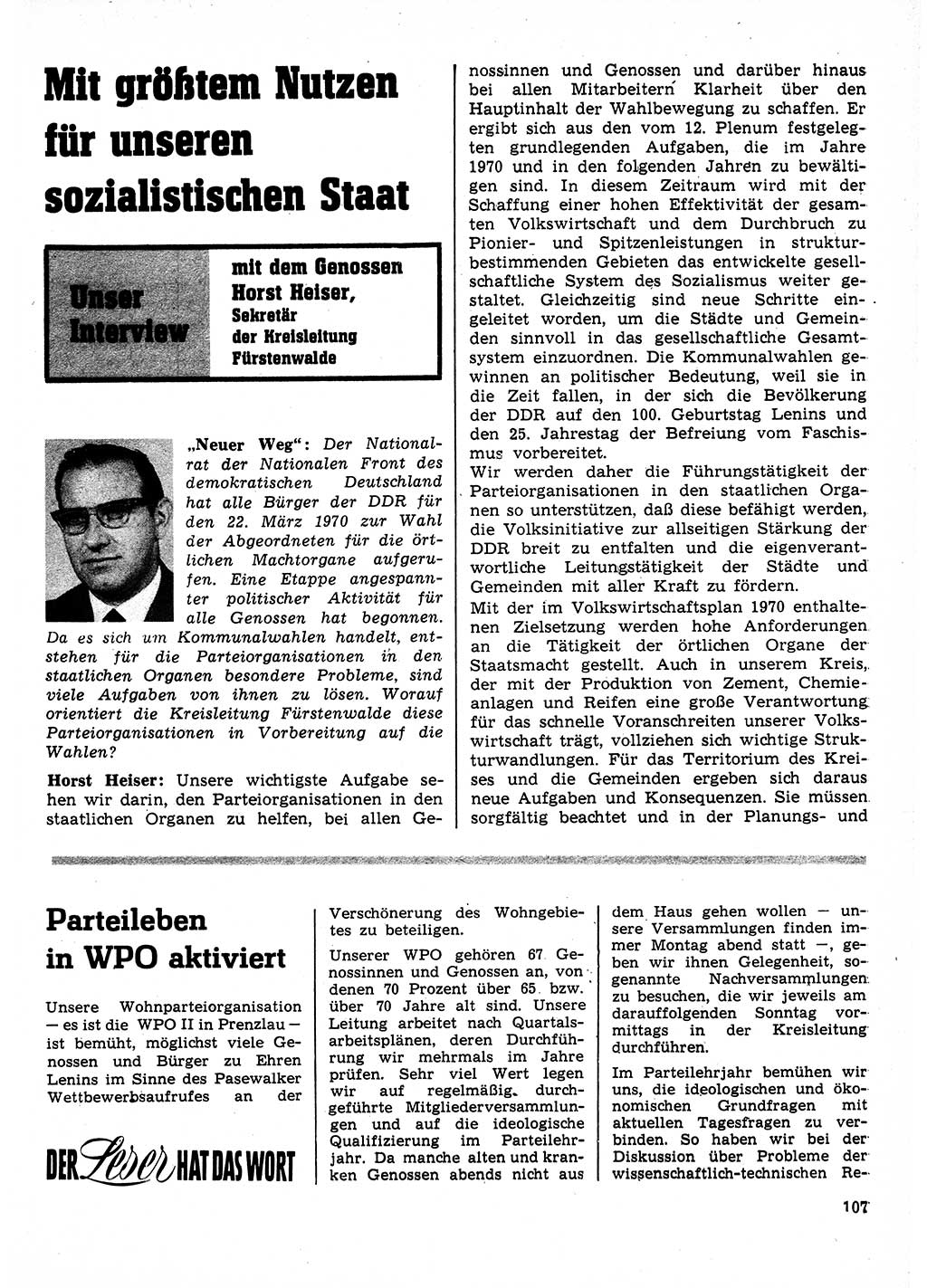 Neuer Weg (NW), Organ des Zentralkomitees (ZK) der SED (Sozialistische Einheitspartei Deutschlands) für Fragen des Parteilebens, 25. Jahrgang [Deutsche Demokratische Republik (DDR)] 1970, Seite 107 (NW ZK SED DDR 1970, S. 107)