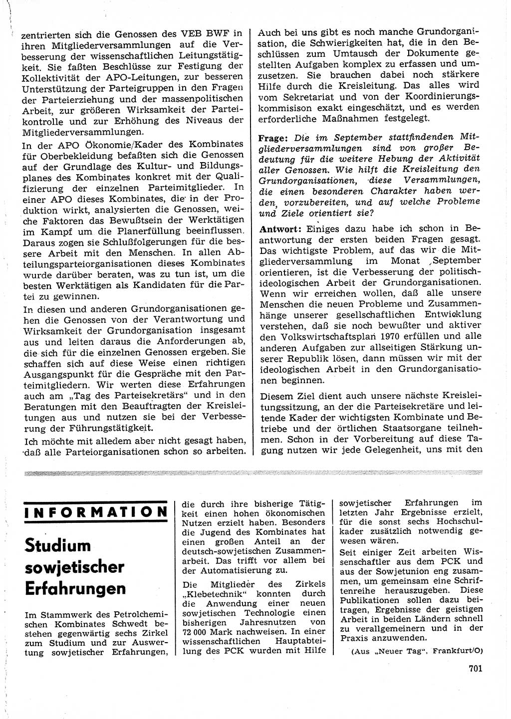Neuer Weg (NW), Organ des Zentralkomitees (ZK) der SED (Sozialistische Einheitspartei Deutschlands) für Fragen des Parteilebens, 25. Jahrgang [Deutsche Demokratische Republik (DDR)] 1970, Seite 701 (NW ZK SED DDR 1970, S. 701)
