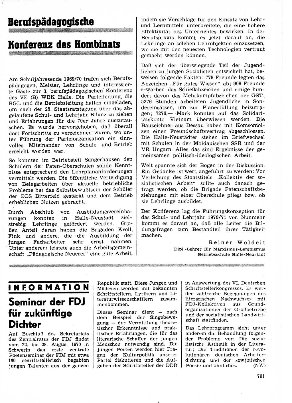 Neuer Weg (NW), Organ des Zentralkomitees (ZK) der SED (Sozialistische Einheitspartei Deutschlands) für Fragen des Parteilebens, 25. Jahrgang [Deutsche Demokratische Republik (DDR)] 1970, Seite 781 (NW ZK SED DDR 1970, S. 781)