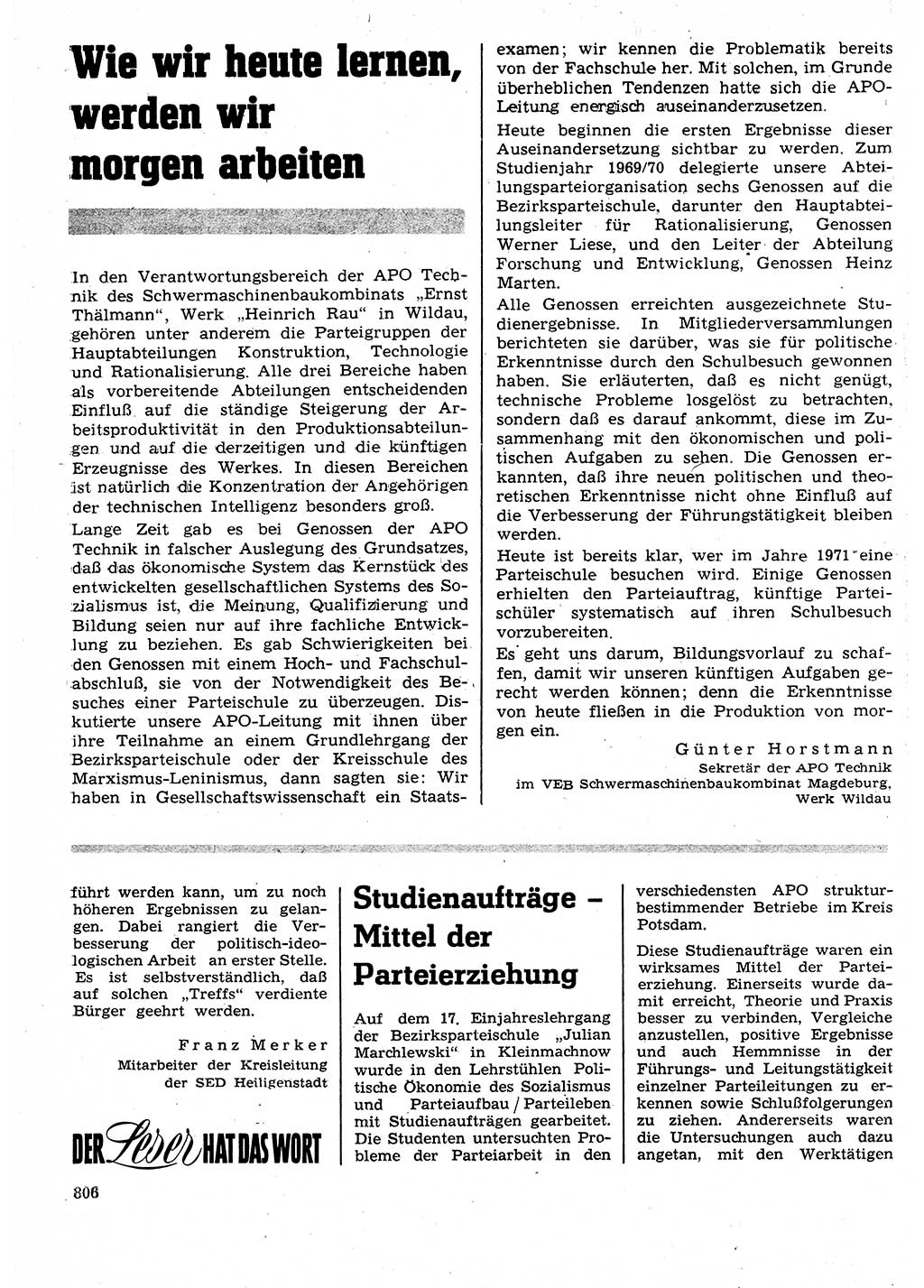 Neuer Weg (NW), Organ des Zentralkomitees (ZK) der SED (Sozialistische Einheitspartei Deutschlands) für Fragen des Parteilebens, 25. Jahrgang [Deutsche Demokratische Republik (DDR)] 1970, Seite 806 (NW ZK SED DDR 1970, S. 806)