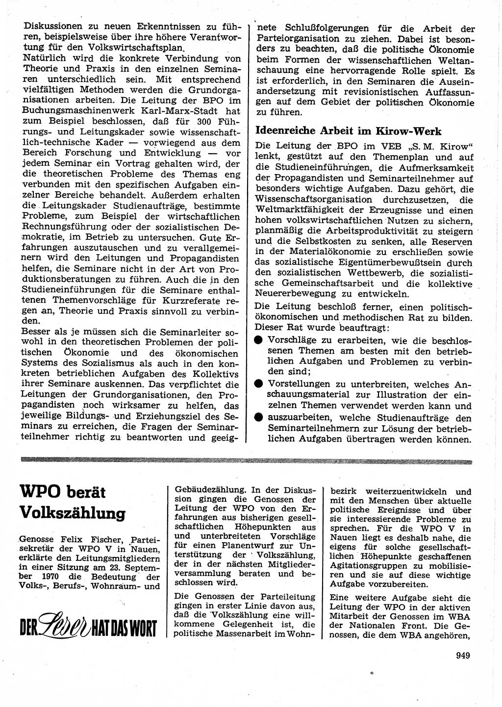Neuer Weg (NW), Organ des Zentralkomitees (ZK) der SED (Sozialistische Einheitspartei Deutschlands) für Fragen des Parteilebens, 25. Jahrgang [Deutsche Demokratische Republik (DDR)] 1970, Seite 949 (NW ZK SED DDR 1970, S. 949)