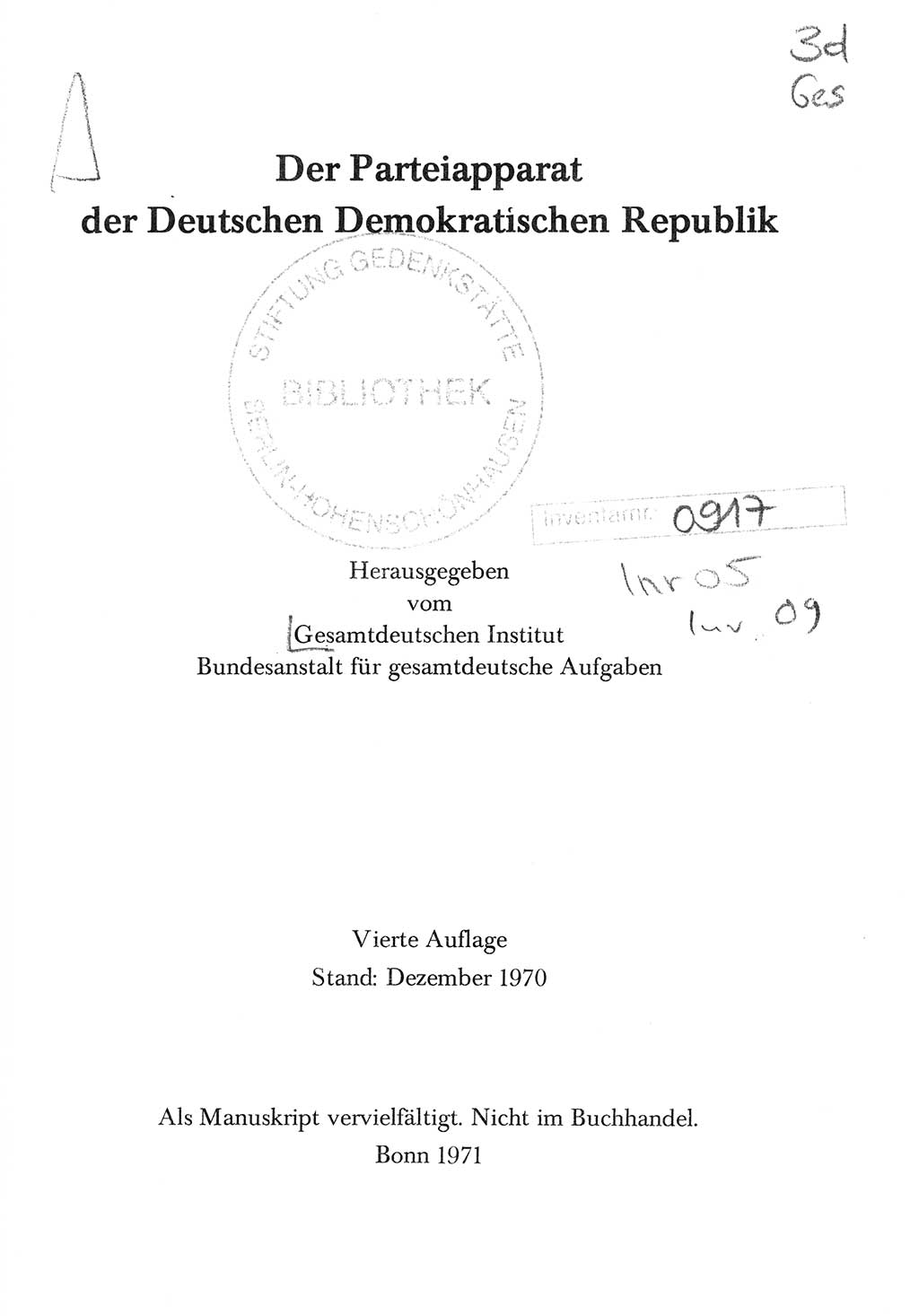 Parteiapparat der Deutschen Demokratischen Republik (DDR) 1970, Seite 1 (Parteiapp. DDR 1970, S. 1)