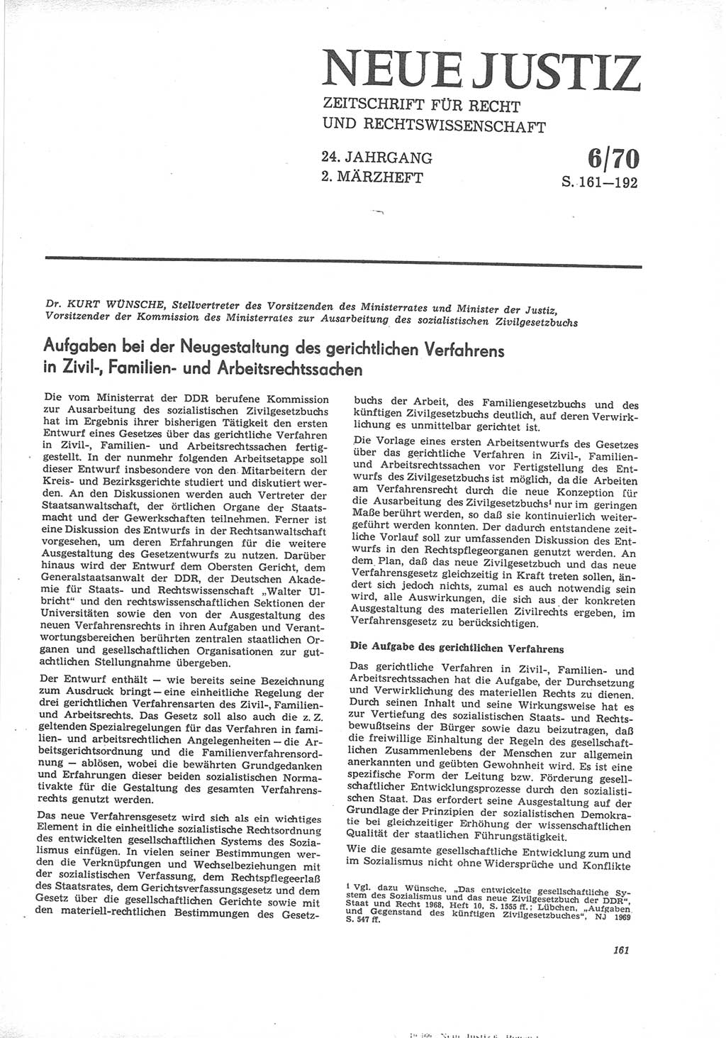 Neue Justiz (NJ), Zeitschrift für Recht und Rechtswissenschaft [Deutsche Demokratische Republik (DDR)], 24. Jahrgang 1970, Seite 161 (NJ DDR 1970, S. 161)