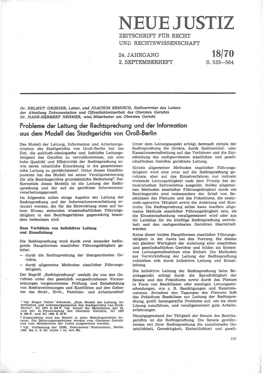 Neue Justiz (NJ), Zeitschrift für Recht und Rechtswissenschaft [Deutsche Demokratische Republik (DDR)], 24. Jahrgang 1970, Seite 533 (NJ DDR 1970, S. 533)