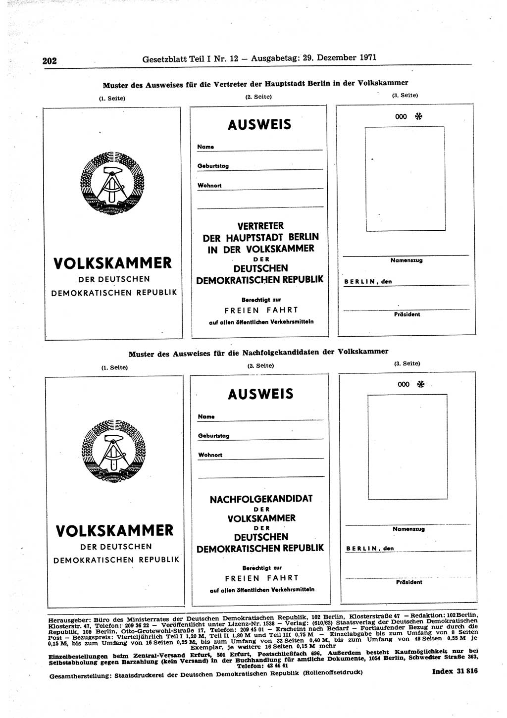 Gesetzblatt (GBl.) der Deutschen Demokratischen Republik (DDR) Teil Ⅰ 1971, Seite 202 (GBl. DDR Ⅰ 1971, S. 202)