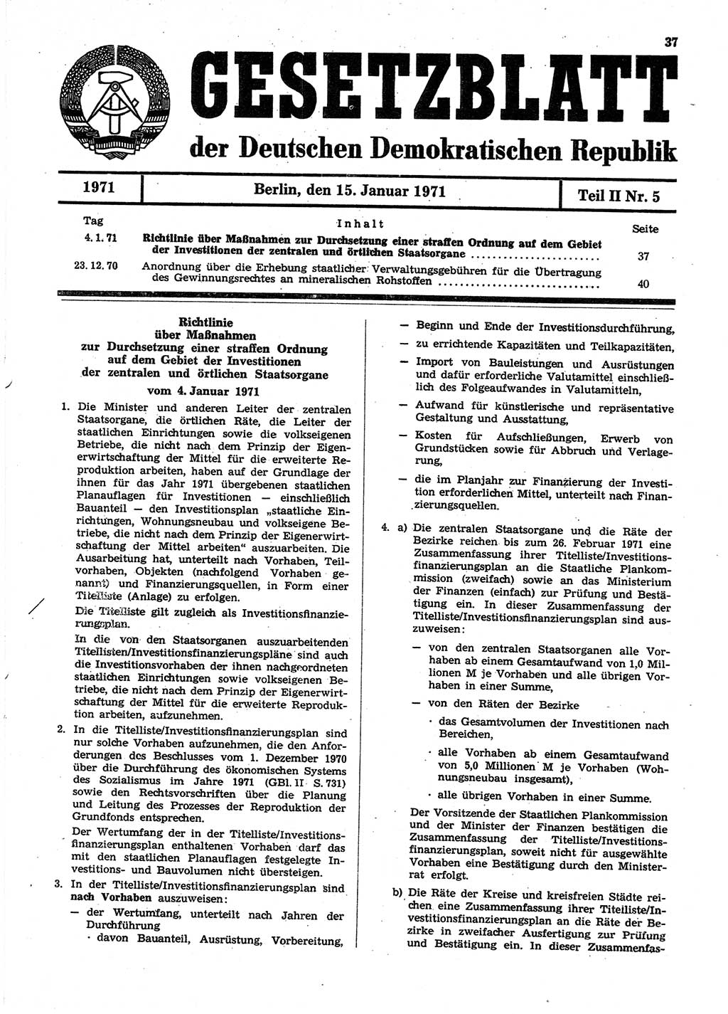 Gesetzblatt (GBl.) der Deutschen Demokratischen Republik (DDR) Teil ⅠⅠ 1971, Seite 37 (GBl. DDR ⅠⅠ 1971, S. 37)