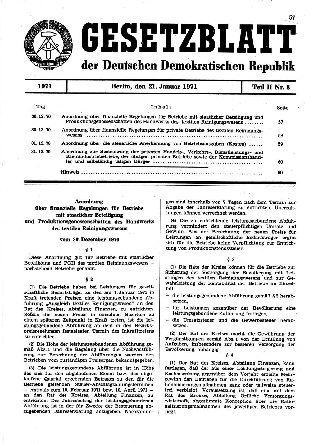 Gesetzblatt (GBl.) der Deutschen Demokratischen Republik (DDR) Teil ⅠⅠ 1971, Seite 57 (GBl. DDR ⅠⅠ 1971, S. 57)