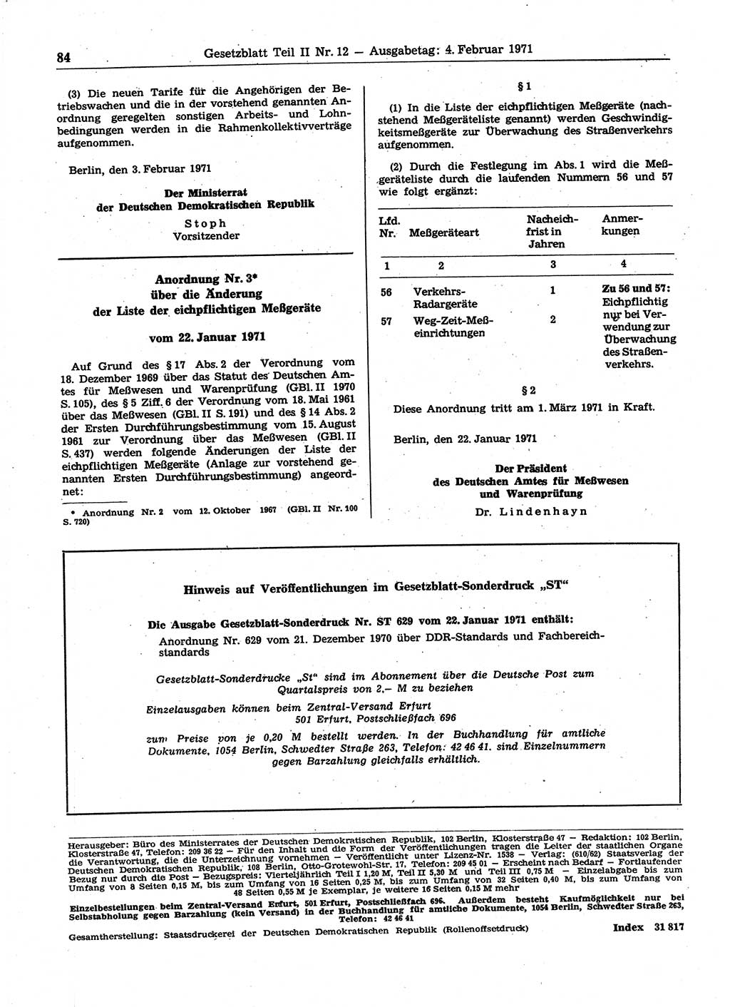 Gesetzblatt (GBl.) der Deutschen Demokratischen Republik (DDR) Teil ⅠⅠ 1971, Seite 84 (GBl. DDR ⅠⅠ 1971, S. 84)