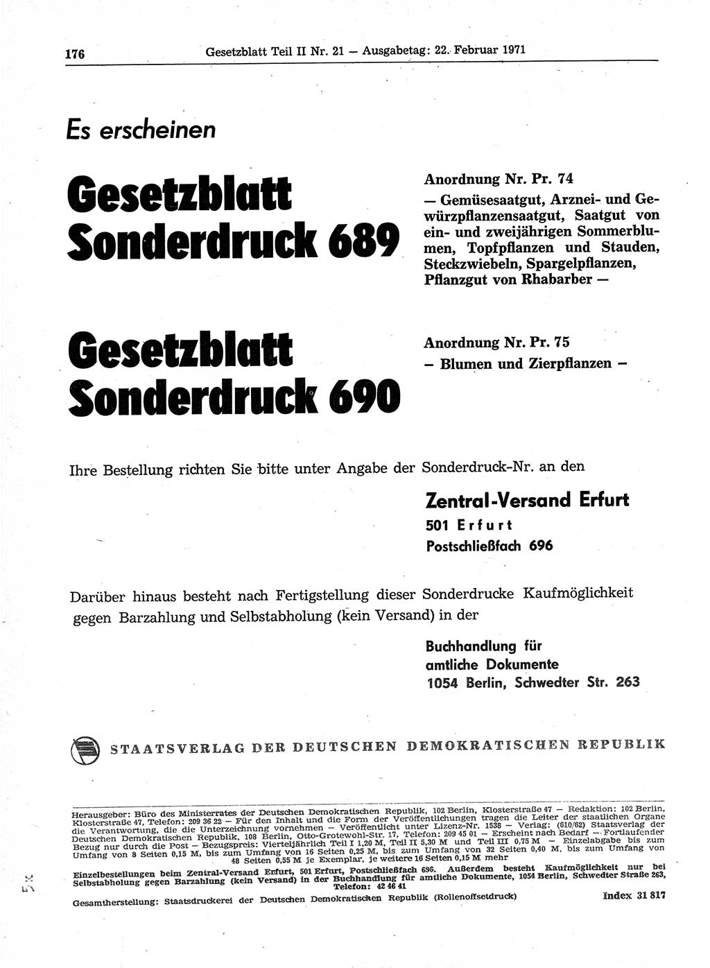 Gesetzblatt (GBl.) der Deutschen Demokratischen Republik (DDR) Teil ⅠⅠ 1971, Seite 176 (GBl. DDR ⅠⅠ 1971, S. 176)
