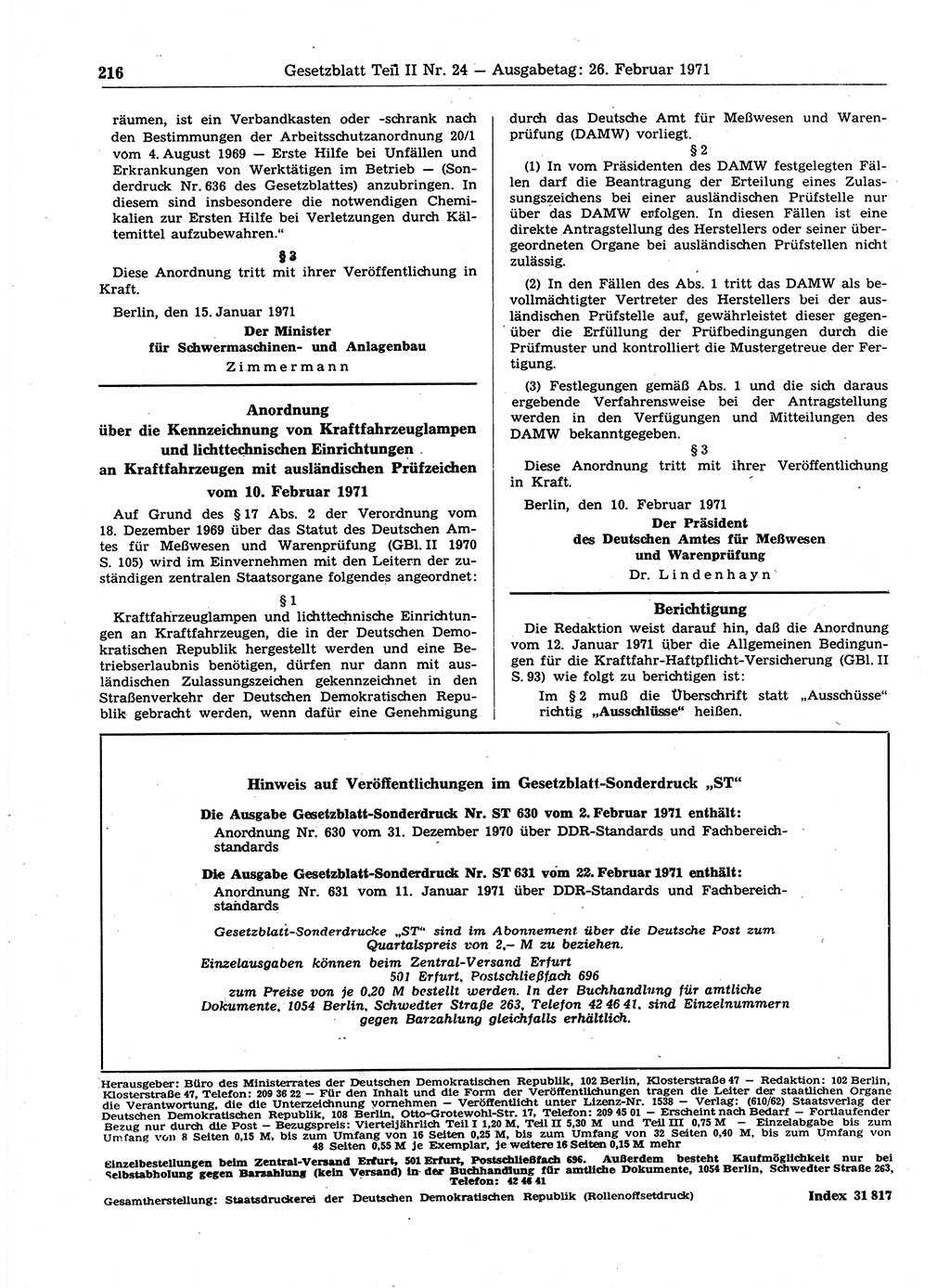 Gesetzblatt (GBl.) der Deutschen Demokratischen Republik (DDR) Teil ⅠⅠ 1971, Seite 216 (GBl. DDR ⅠⅠ 1971, S. 216)