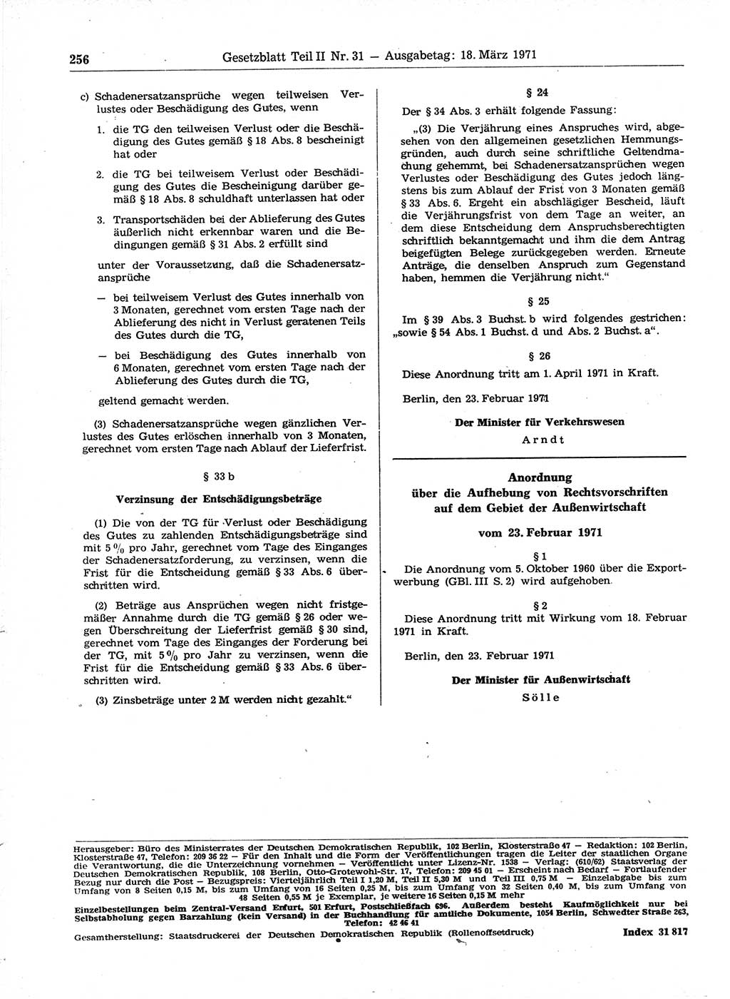 Gesetzblatt (GBl.) der Deutschen Demokratischen Republik (DDR) Teil ⅠⅠ 1971, Seite 256 (GBl. DDR ⅠⅠ 1971, S. 256)