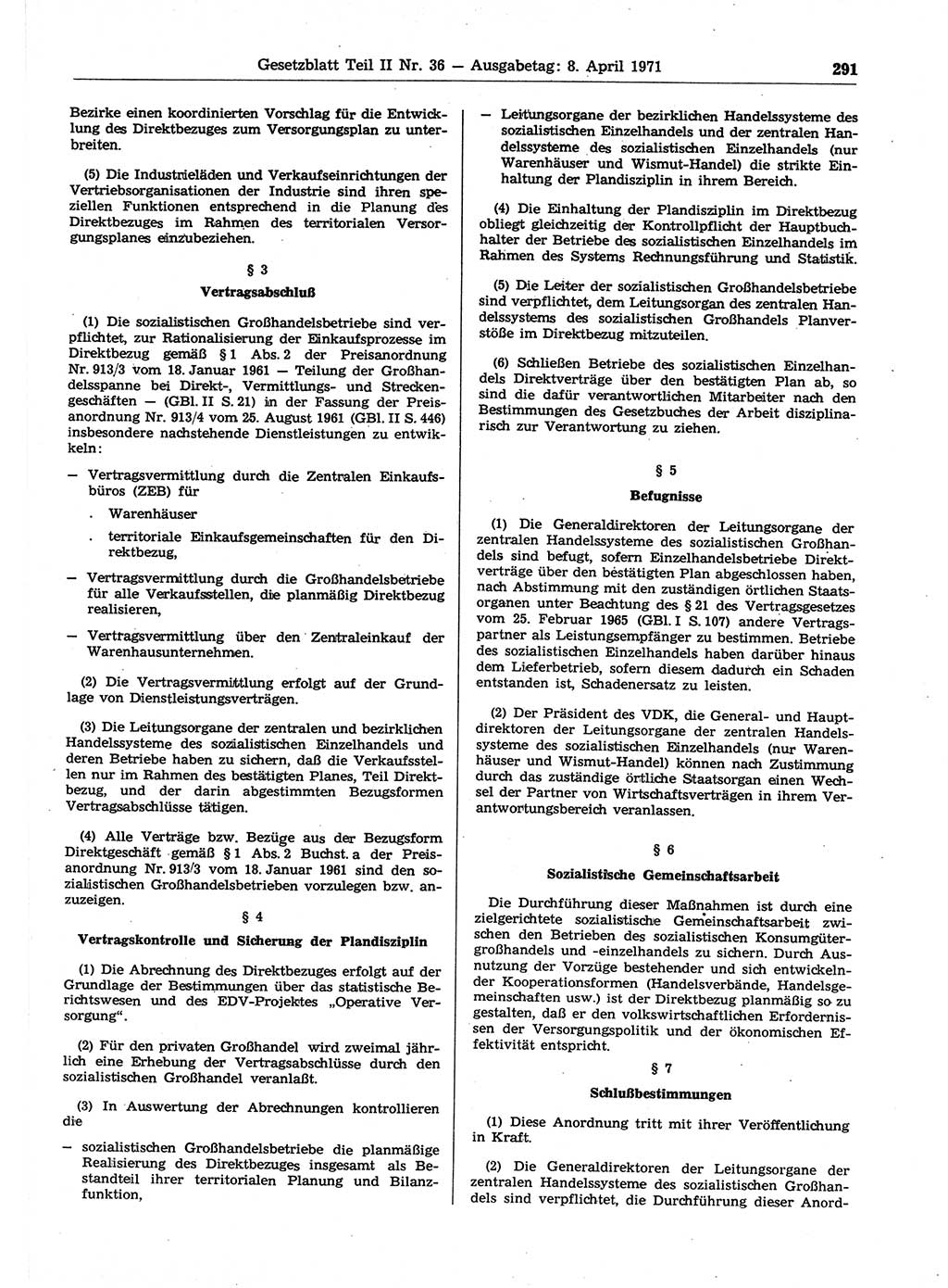 Gesetzblatt (GBl.) der Deutschen Demokratischen Republik (DDR) Teil ⅠⅠ 1971, Seite 291 (GBl. DDR ⅠⅠ 1971, S. 291)