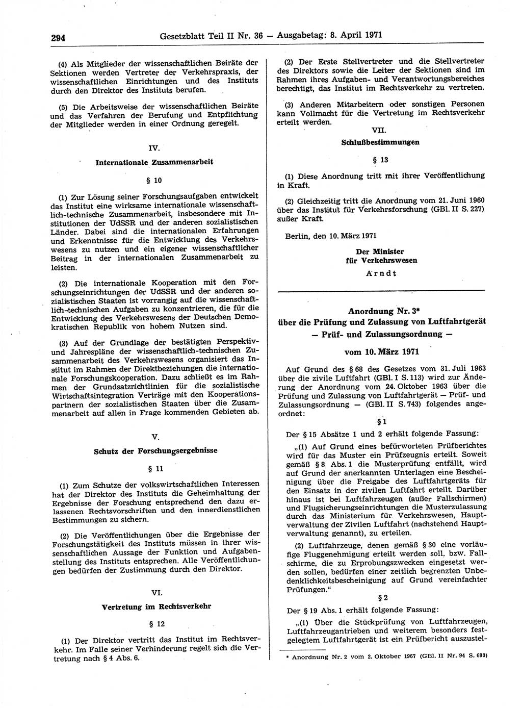 Gesetzblatt (GBl.) der Deutschen Demokratischen Republik (DDR) Teil ⅠⅠ 1971, Seite 294 (GBl. DDR ⅠⅠ 1971, S. 294)