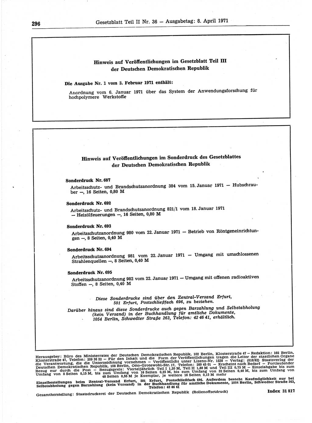 Gesetzblatt (GBl.) der Deutschen Demokratischen Republik (DDR) Teil ⅠⅠ 1971, Seite 296 (GBl. DDR ⅠⅠ 1971, S. 296)