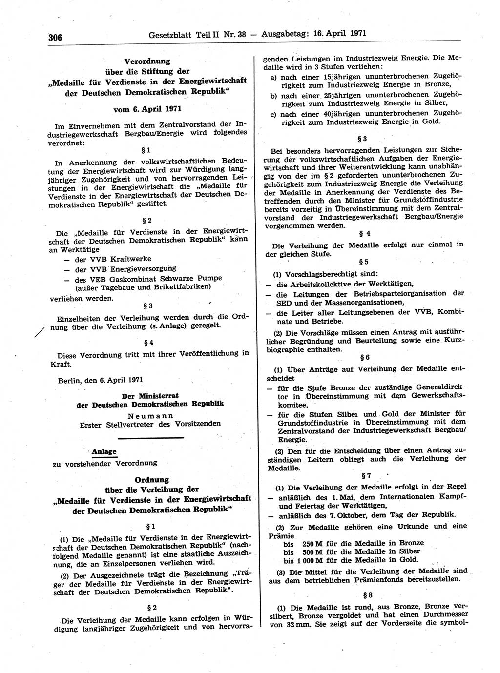Gesetzblatt (GBl.) der Deutschen Demokratischen Republik (DDR) Teil ⅠⅠ 1971, Seite 306 (GBl. DDR ⅠⅠ 1971, S. 306)