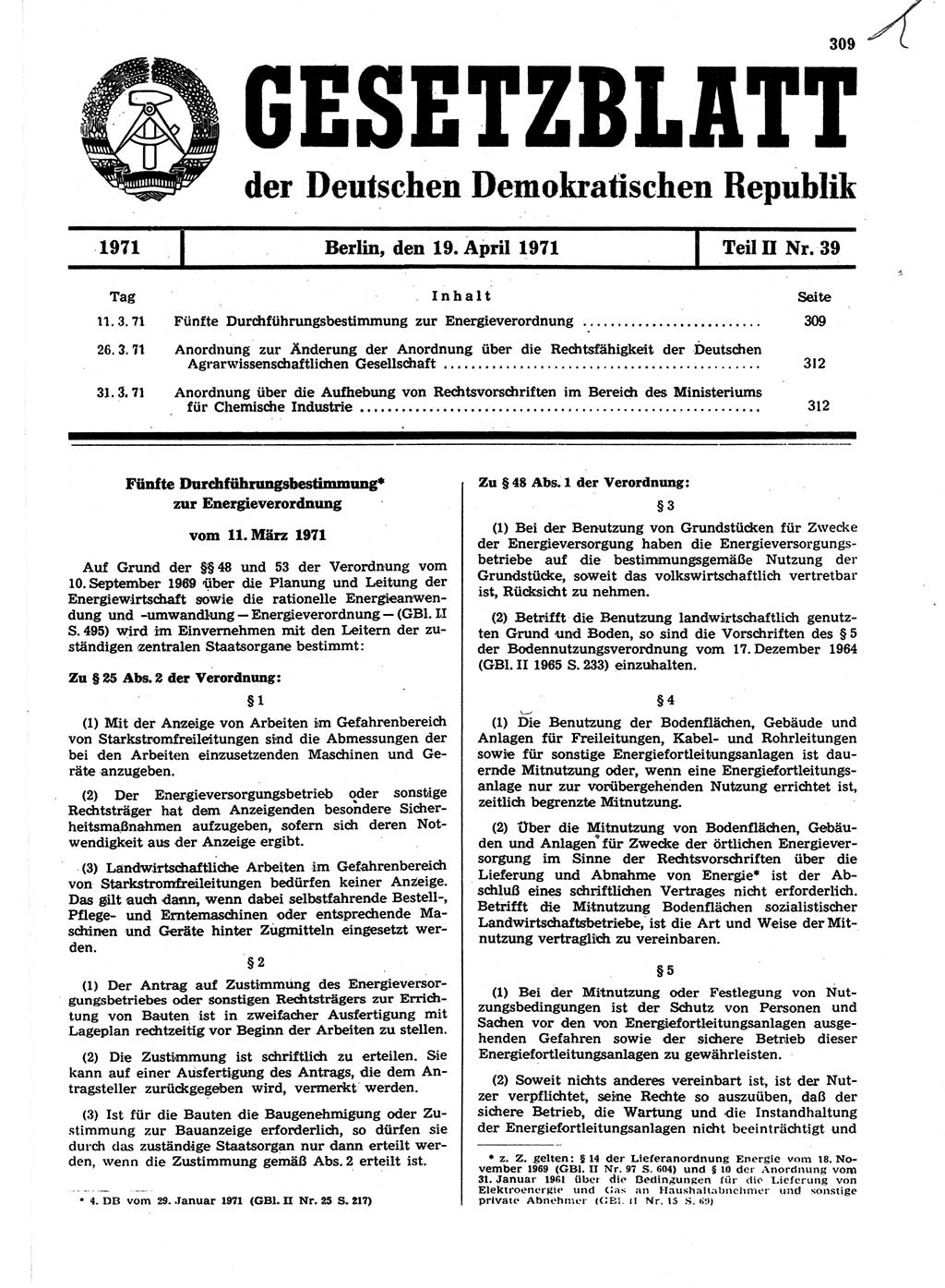 Gesetzblatt (GBl.) der Deutschen Demokratischen Republik (DDR) Teil ⅠⅠ 1971, Seite 309 (GBl. DDR ⅠⅠ 1971, S. 309)