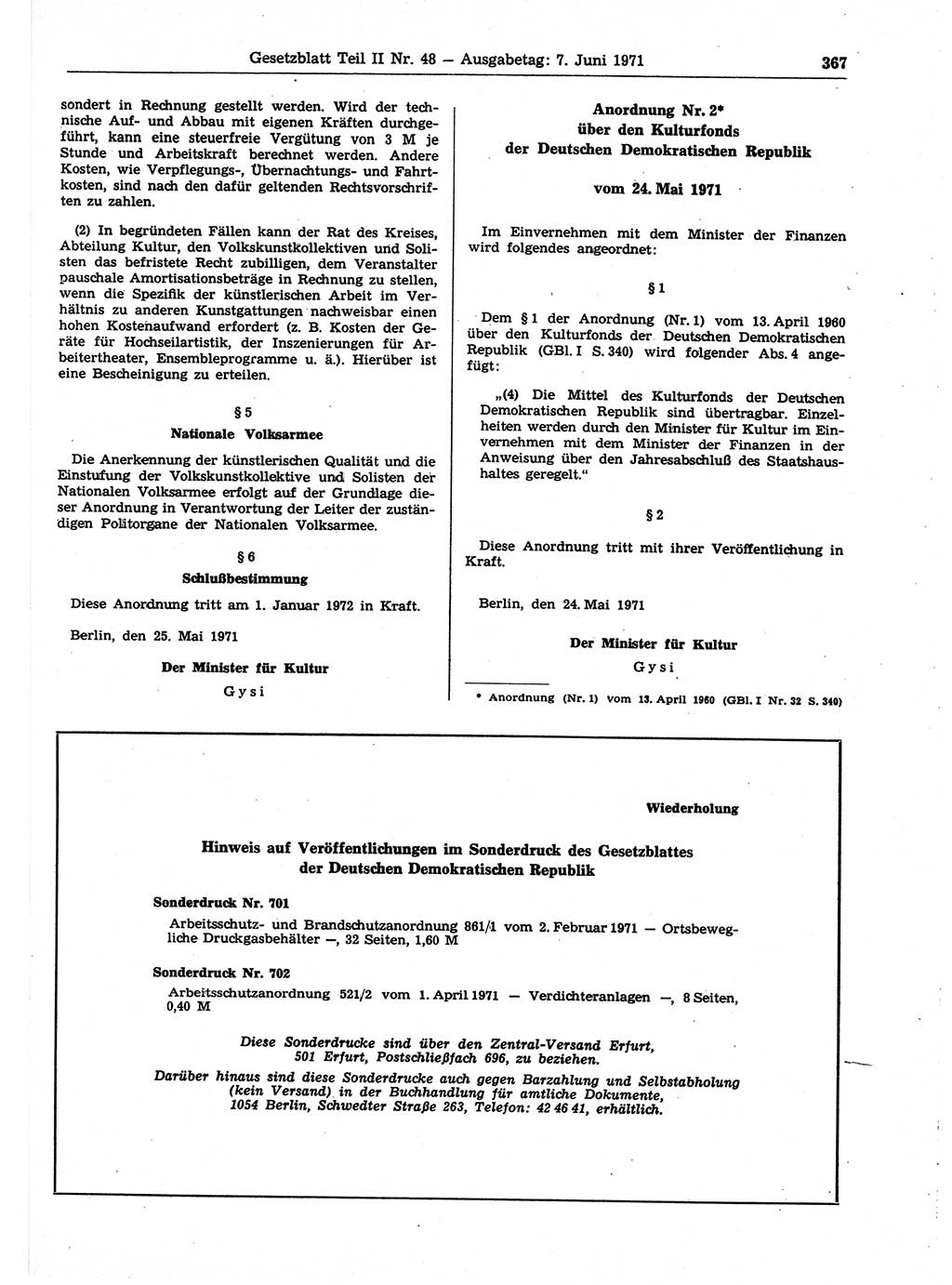 Gesetzblatt (GBl.) der Deutschen Demokratischen Republik (DDR) Teil ⅠⅠ 1971, Seite 367 (GBl. DDR ⅠⅠ 1971, S. 367)