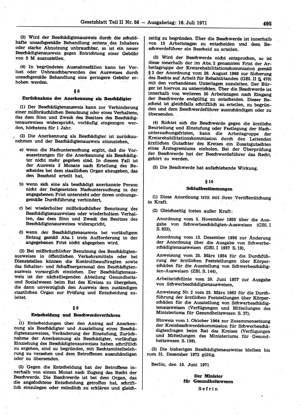 Gesetzblatt (GBl.) der Deutschen Demokratischen Republik (DDR) Teil ⅠⅠ 1971, Seite 495 (GBl. DDR ⅠⅠ 1971, S. 495)