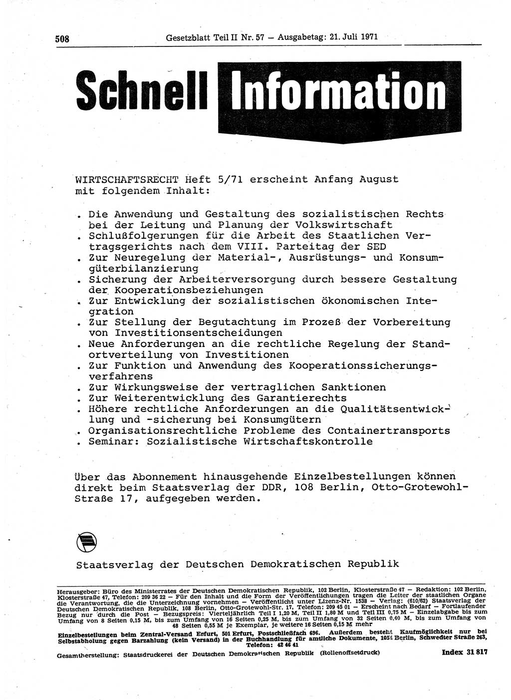 Gesetzblatt (GBl.) der Deutschen Demokratischen Republik (DDR) Teil ⅠⅠ 1971, Seite 508 (GBl. DDR ⅠⅠ 1971, S. 508)