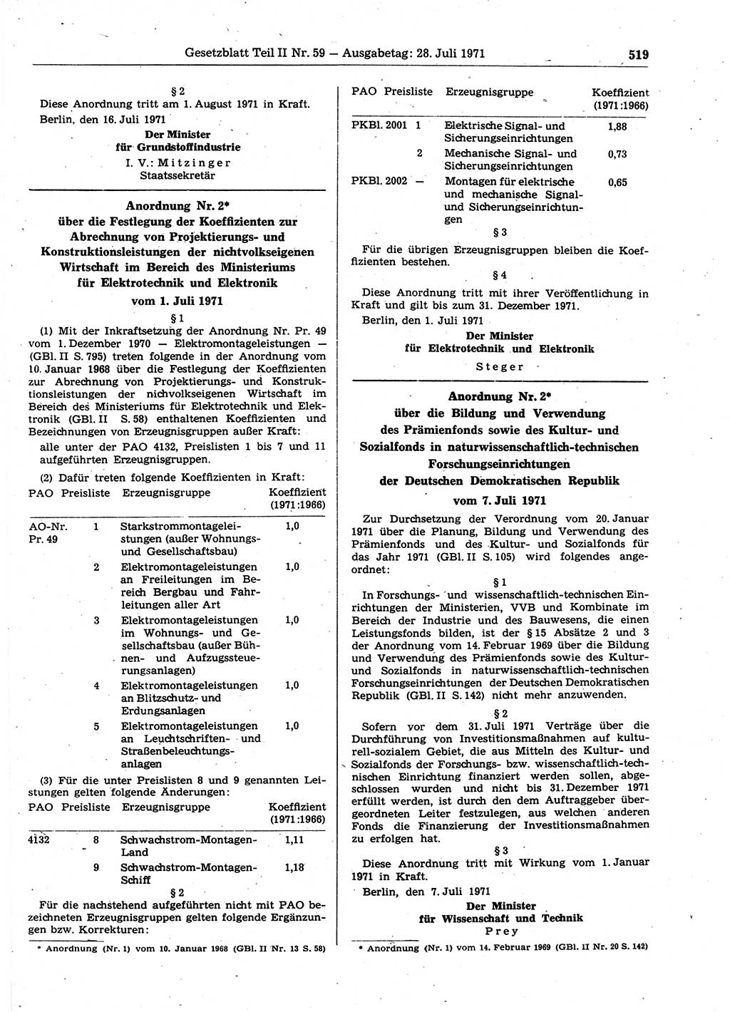 Gesetzblatt (GBl.) der Deutschen Demokratischen Republik (DDR) Teil ⅠⅠ 1971, Seite 519 (GBl. DDR ⅠⅠ 1971, S. 519)