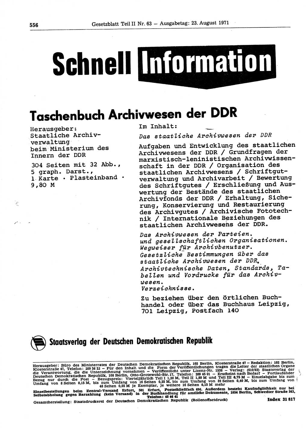 Gesetzblatt (GBl.) der Deutschen Demokratischen Republik (DDR) Teil ⅠⅠ 1971, Seite 556 (GBl. DDR ⅠⅠ 1971, S. 556)
