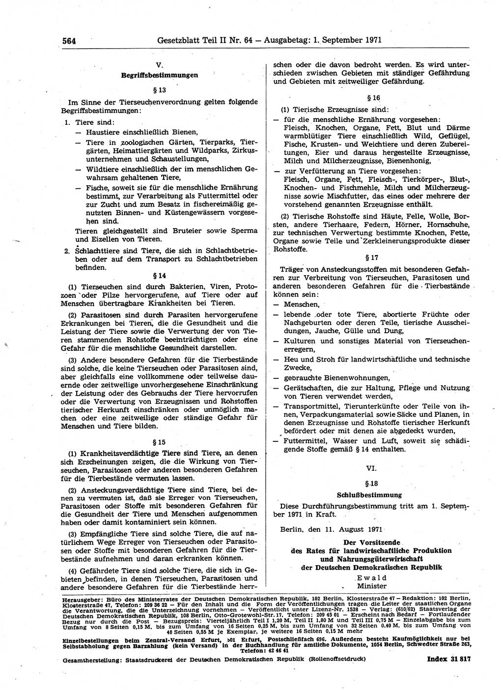 Gesetzblatt (GBl.) der Deutschen Demokratischen Republik (DDR) Teil ⅠⅠ 1971, Seite 564 (GBl. DDR ⅠⅠ 1971, S. 564)