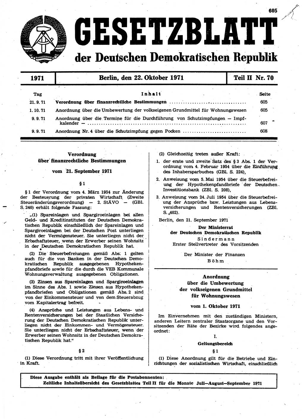 Gesetzblatt (GBl.) der Deutschen Demokratischen Republik (DDR) Teil ⅠⅠ 1971, Seite 605 (GBl. DDR ⅠⅠ 1971, S. 605)