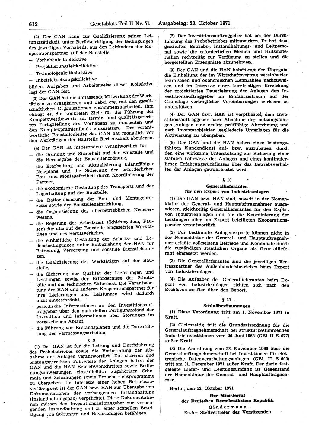 Gesetzblatt (GBl.) der Deutschen Demokratischen Republik (DDR) Teil ⅠⅠ 1971, Seite 612 (GBl. DDR ⅠⅠ 1971, S. 612)