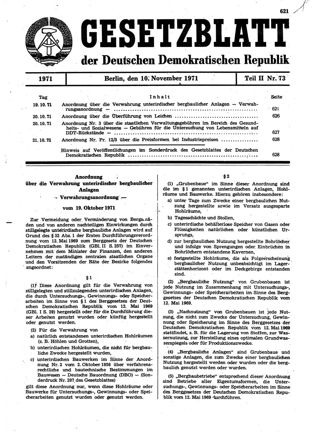 Gesetzblatt (GBl.) der Deutschen Demokratischen Republik (DDR) Teil ⅠⅠ 1971, Seite 621 (GBl. DDR ⅠⅠ 1971, S. 621)