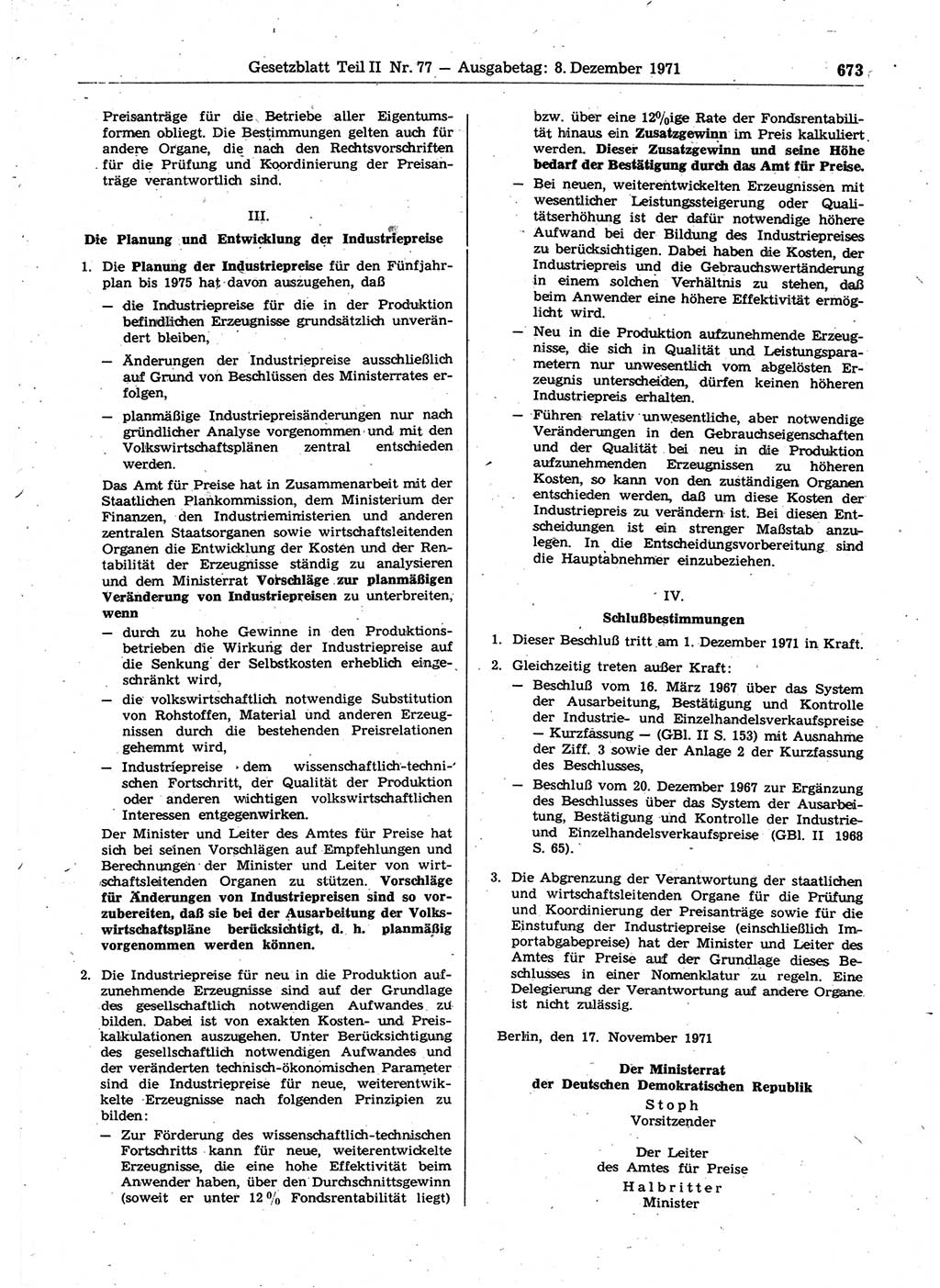 Gesetzblatt (GBl.) der Deutschen Demokratischen Republik (DDR) Teil ⅠⅠ 1971, Seite 673 (GBl. DDR ⅠⅠ 1971, S. 673)