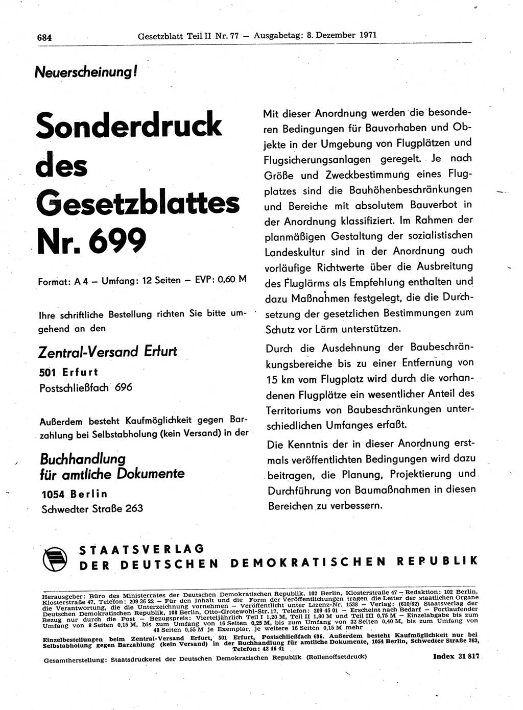 Gesetzblatt (GBl.) der Deutschen Demokratischen Republik (DDR) Teil ⅠⅠ 1971, Seite 684 (GBl. DDR ⅠⅠ 1971, S. 684)