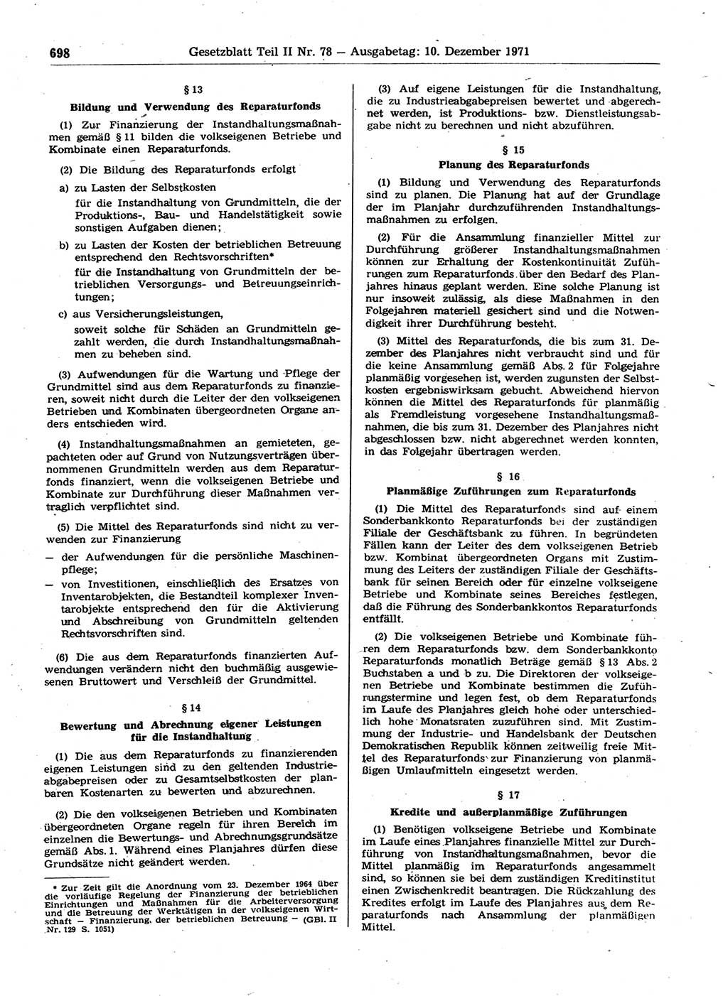 Gesetzblatt (GBl.) der Deutschen Demokratischen Republik (DDR) Teil ⅠⅠ 1971, Seite 698 (GBl. DDR ⅠⅠ 1971, S. 698)